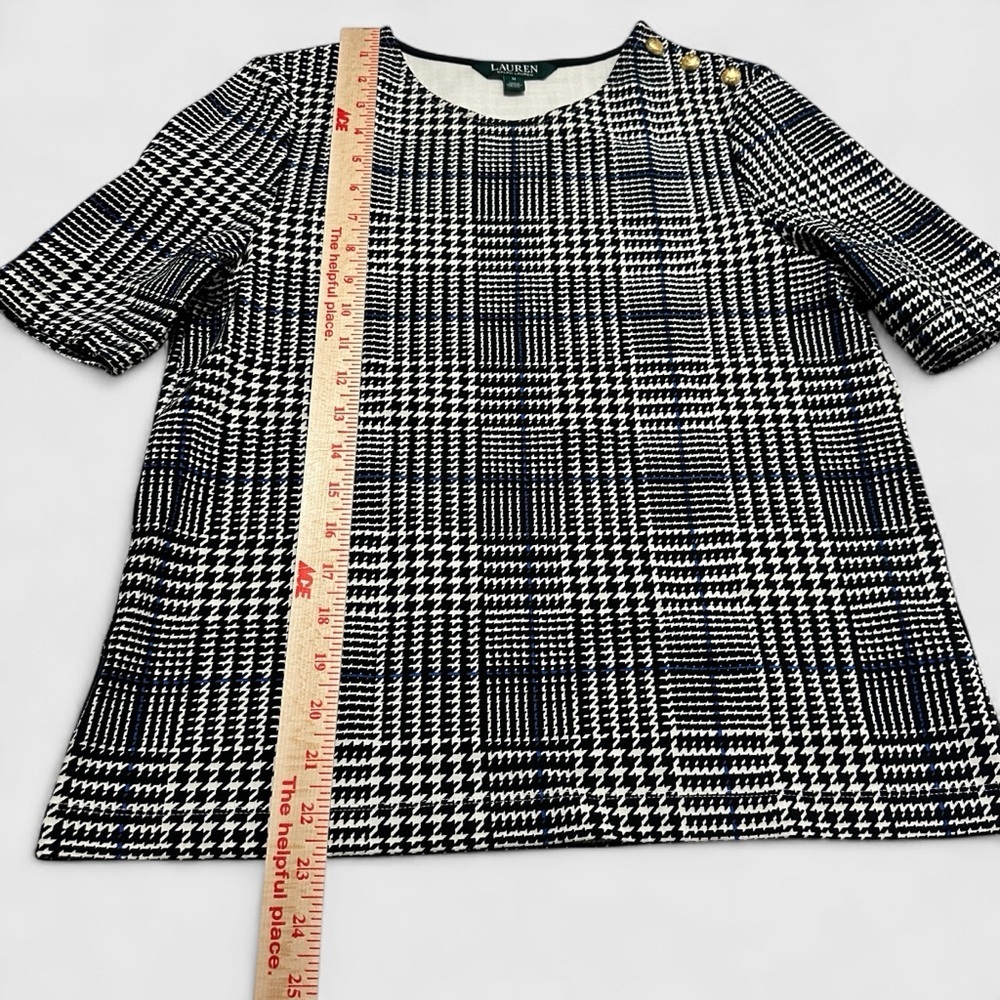 Lauren Ralph Lauren Top Tee Women's Medium Black White Blue Houndstooth Stretch - Picture 11 of 11